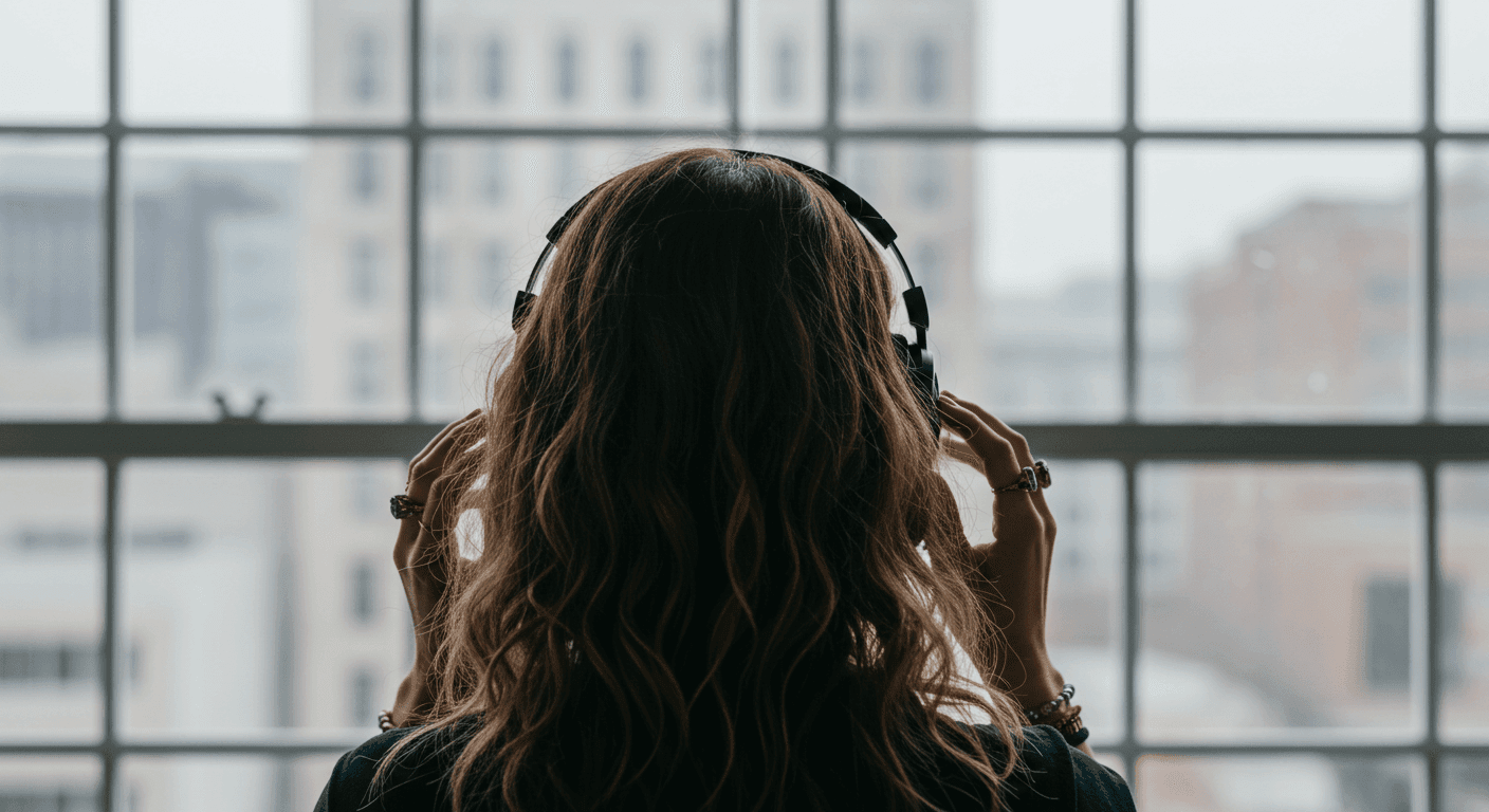 "Mujer de espaldas con auriculares frente a una ventana, escuchando música. Imagen accesible sobre tecnología, bienestar y momentos de relajación."