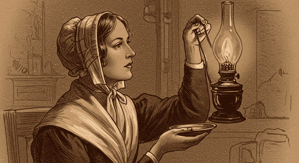 Ilustración antigua de una mujer con lámpara de aceite. Imagen vintage en tonos sepia ideal para temas de historia, enfermería y arte antiguo.

