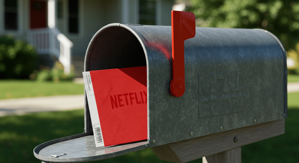 El Origen de Netflix: Cómo Nació y Revolucionó el Streaming 2 Netflix en el buzón: Buzón gris con bandera roja y sobre de DVD de Netflix dentro. Accesibilidad web y SEO para correo, entretenimiento y películas.