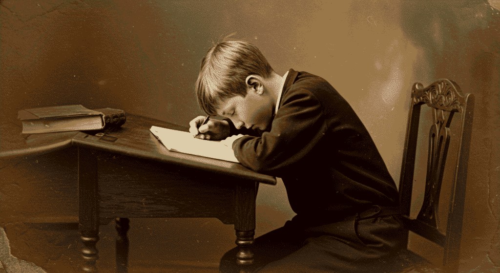 William James Sidis: el hombre más inteligente del mundo y su trágica historia 3 Fotografía sepia de niño leyendo. Imagen antigua de un joven estudiando. Niño leyendo en mesa antigua.
