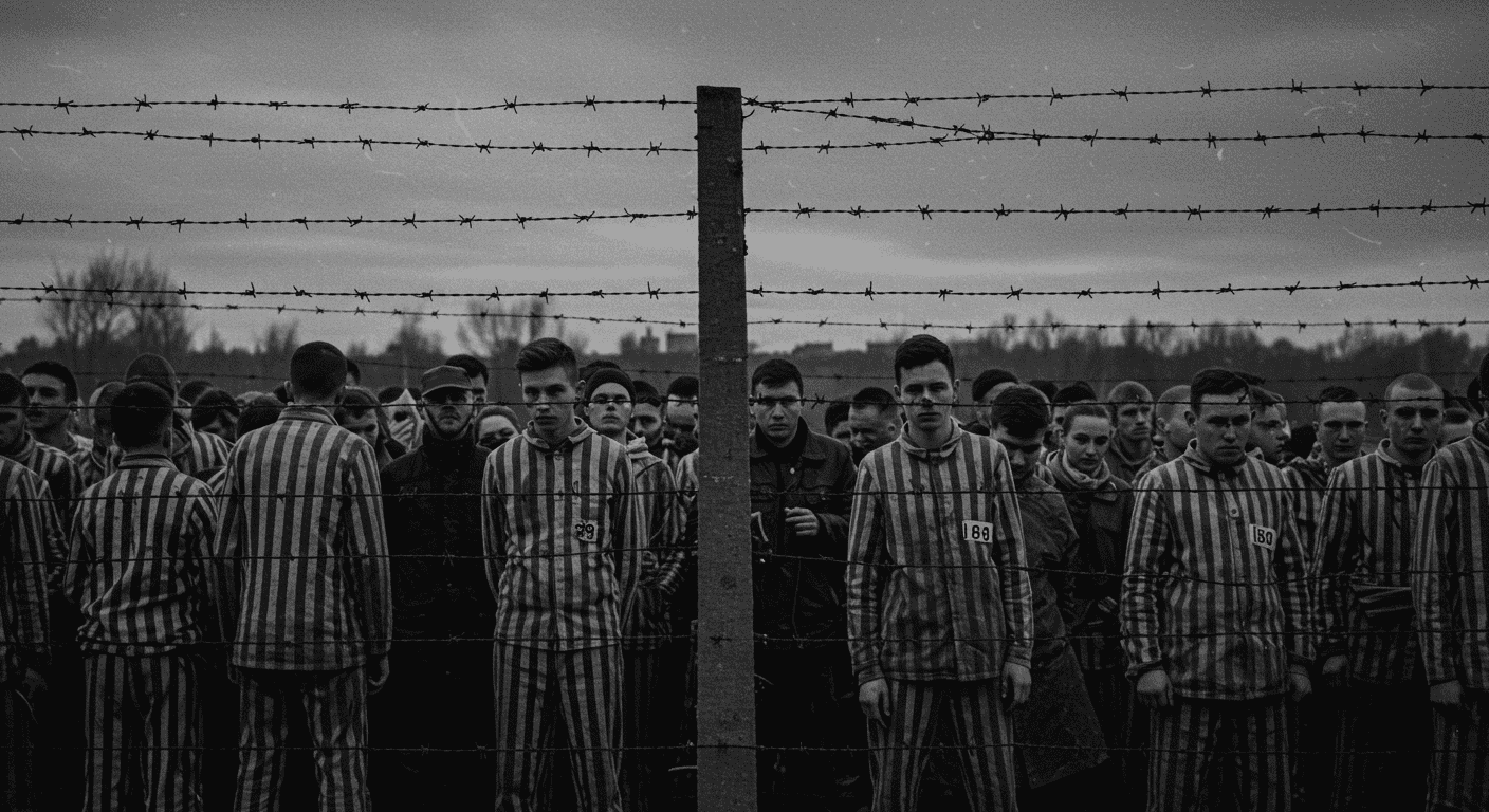 Niños tras alambrada Holocausto. Imagen histórica en blanco y negro de niños detrás de una cerca de alambre de púas. Segunda Guerra Mundial y memoria histórica.