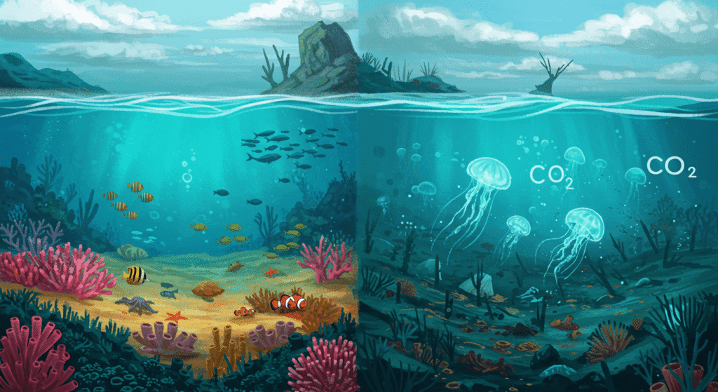 ¿Qué es la acidificación de los océanos y por qué debería preocuparnos? 2 Ilustración comparativa de ecosistemas marinos: océano saludable con peces y corales vs. océano contaminado por CO2 con medusas y corales muertos. Representación visual del impacto de la acidificación oceánica.