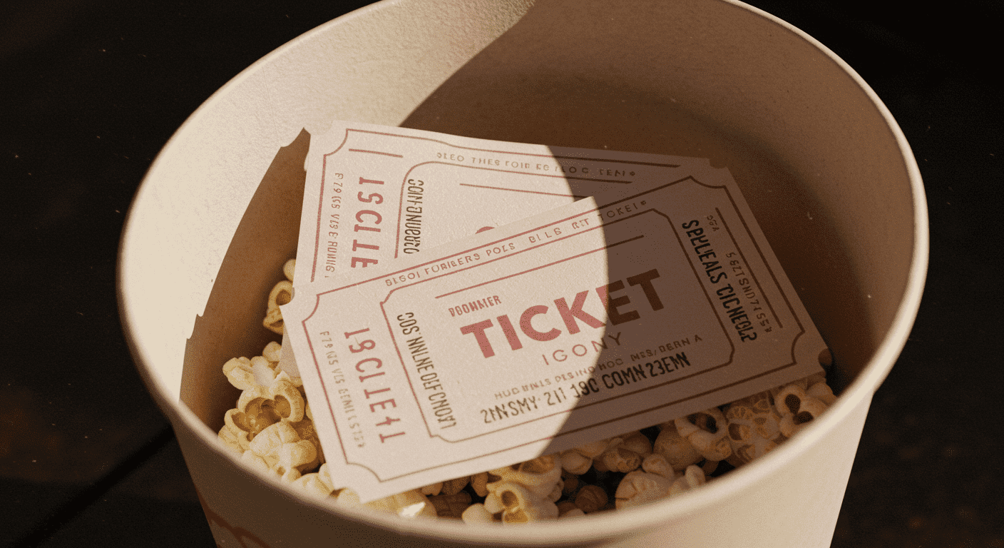 Cubeta de palomitas con entradas de cine. Imagen de palomitas y tickets rosas. Noche de cine y entretenimiento.