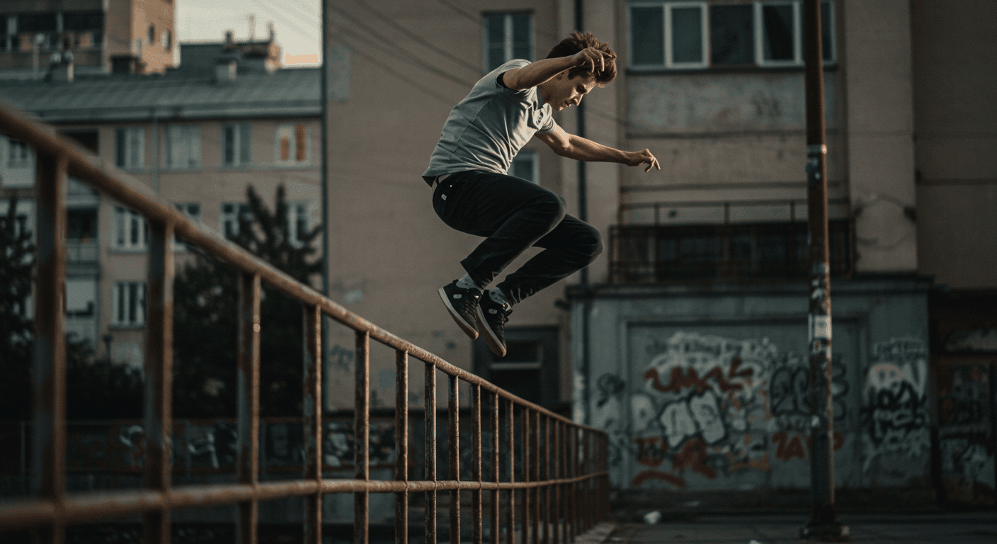 Acróbata haciendo parkour con ayuda. Imagen de dos personas realizando acrobacia en entorno urbano con cielo nublado. Ideal para promover deporte extremo, agilidad y juventud.
