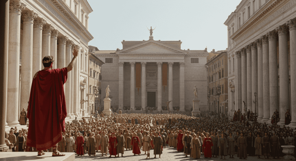 ¿De dónde vienen los nombres de los días de la semana? 5 Escena de película ambientada en la antigua Roma. Un emperador saluda a una gran multitud en un foro romano con edificios clásicos.