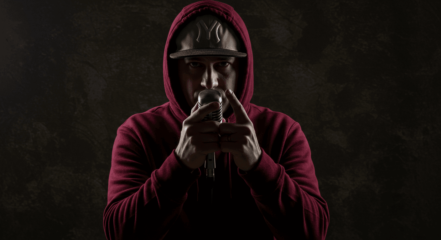 "Persona con capucha y gorra rapeando con un micrófono en fondo oscuro. Imagen accesible sobre hip hop, música urbana y cultura underground."