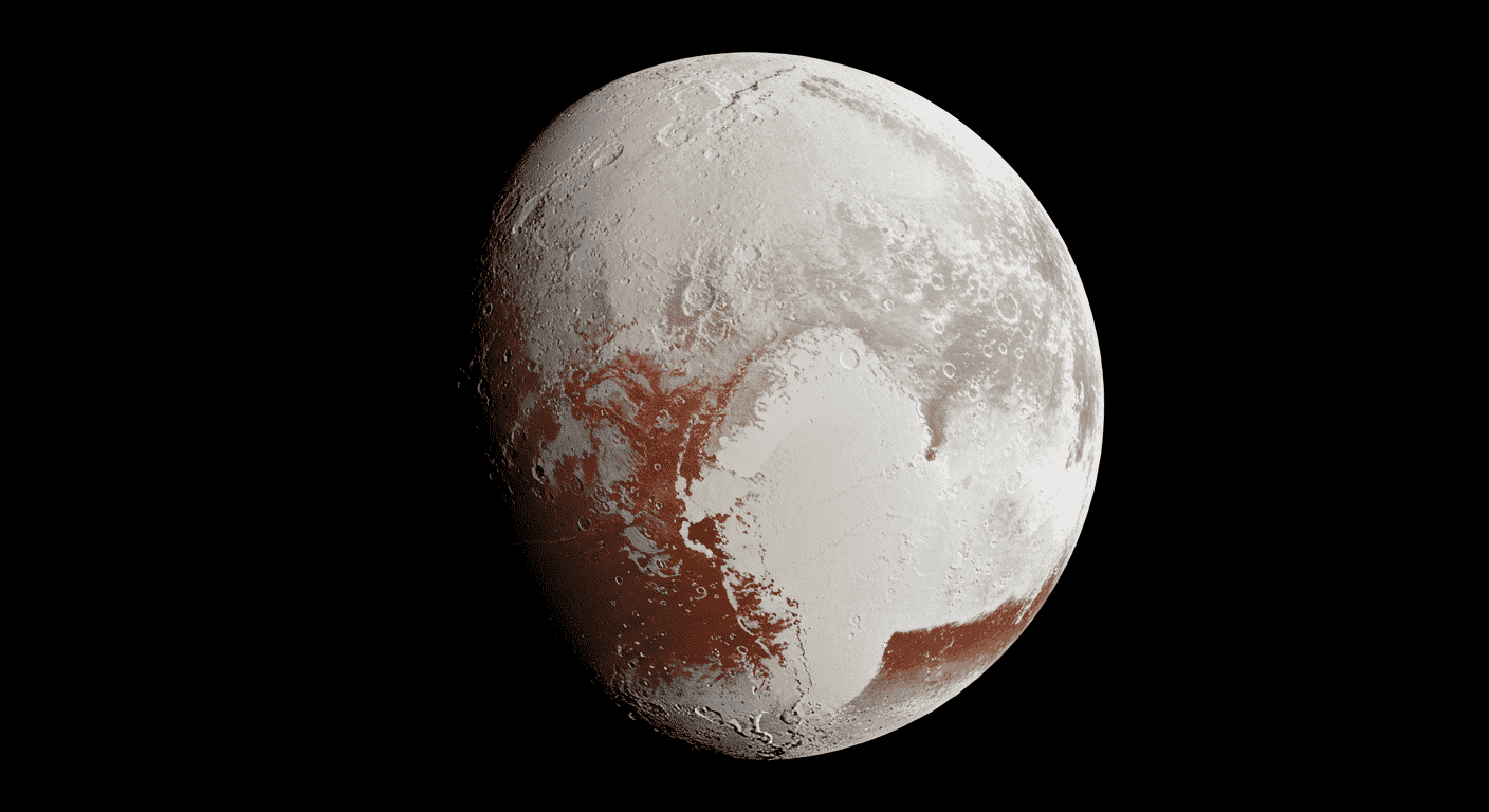 Imagen del planeta enano Plutón con detalles de su superficie. Fotografía espacial para divulgación científica y astronomía. Accesible para personas con discapacidad visual.