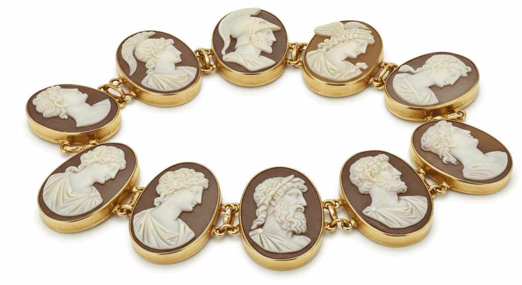 ¿De dónde vienen los nombres de los días de la semana? 3 Pulsera antigua con camafeos de dioses y diosas de la mitología griega y romana. Joyería clásica con detalles en oro.