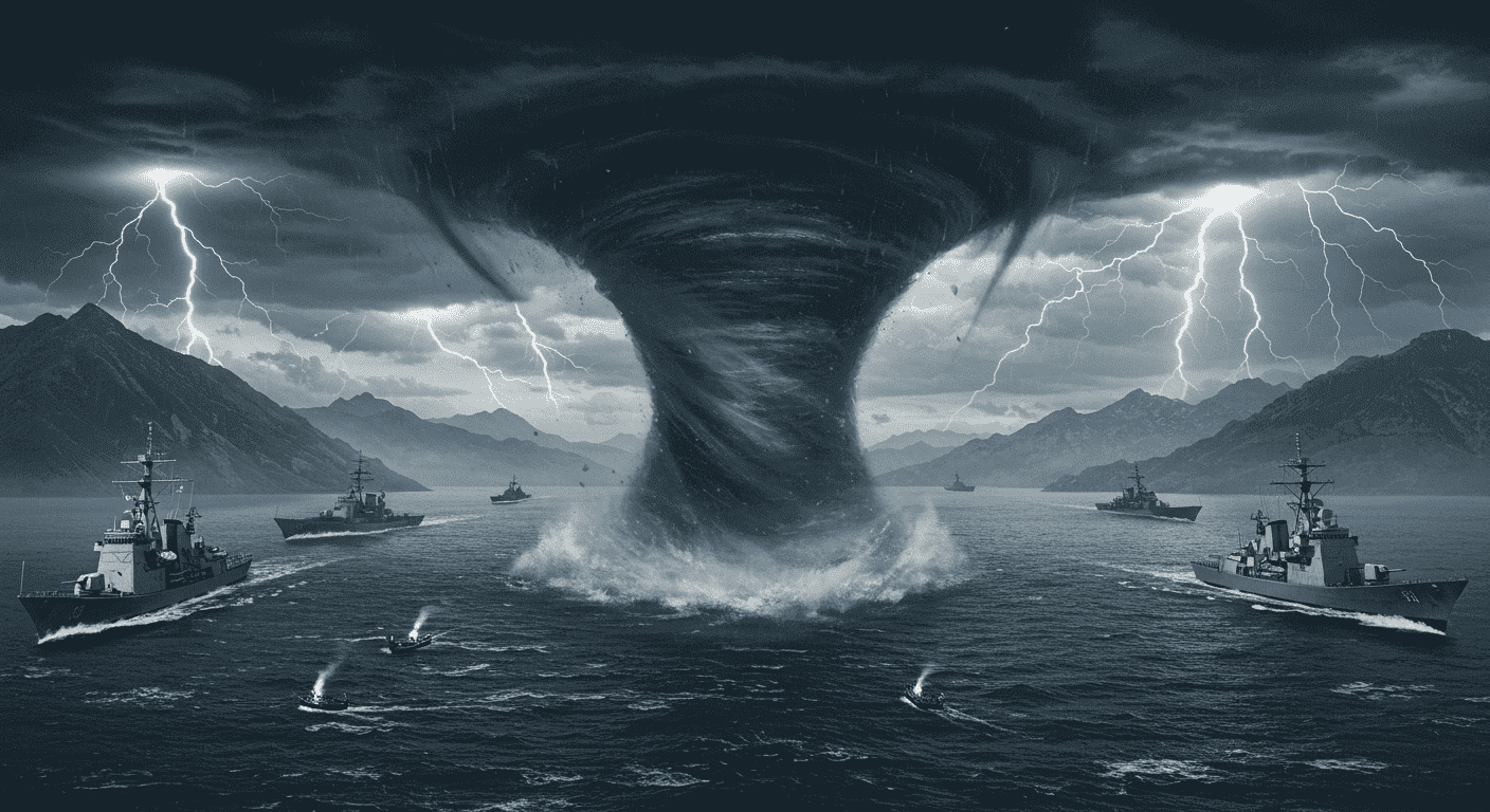 Impresionante remolino marino con barcos de guerra. Escena apocalíptica con tormenta y desastre natural.