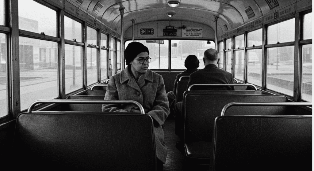 Fotografía histórica de Rosa Parks en un autobús. Imagen en blanco y negro que representa la lucha por los derechos civiles y la igualdad racial en Estados Unidos.

