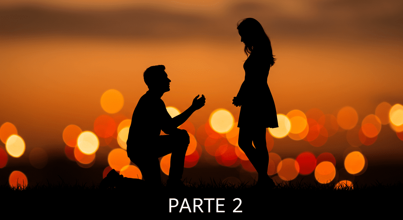 Silueta de pareja al atardecer. Hombre arrodillado pidiendo matrimonio a mujer con fondo bokeh de luces cálidas. Imagen romántica de compromiso. Parte 2.