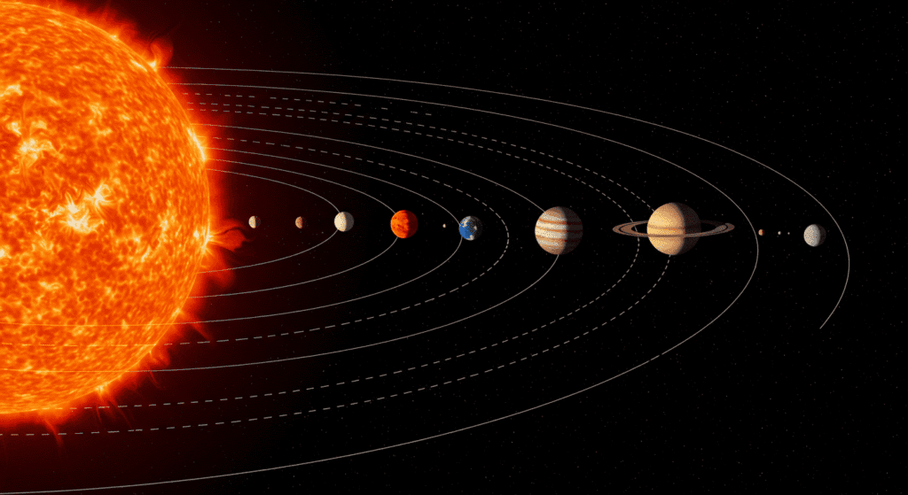 ¿De dónde vienen los nombres de los días de la semana? 6 Ilustración del sistema solar con el sol y los planetas orbitando. Representación gráfica del espacio exterior.