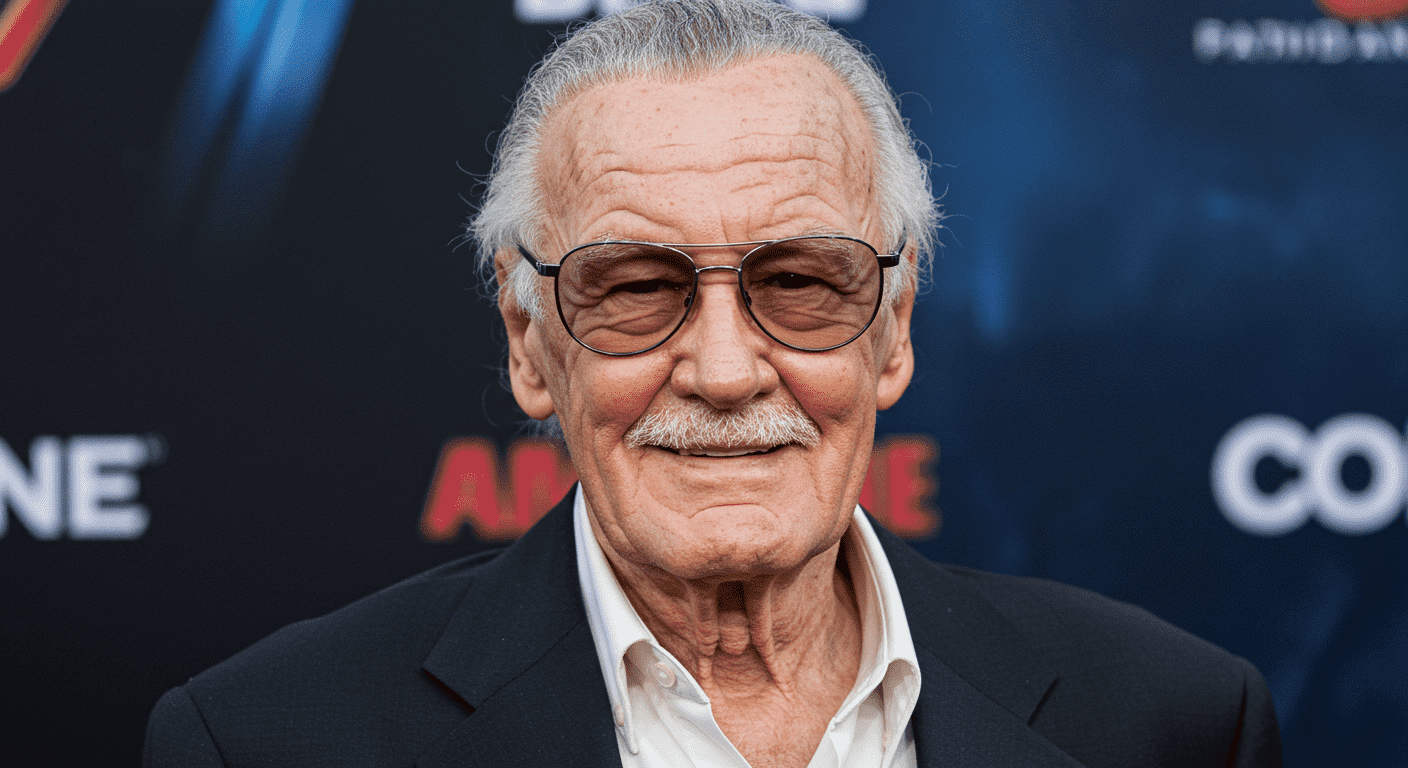 Stan Lee sonriendo en evento. Retrato de Stan Lee, el legendario creador de cómics, sonriendo con gafas en un evento. Imagen de un icono de la cultura pop.