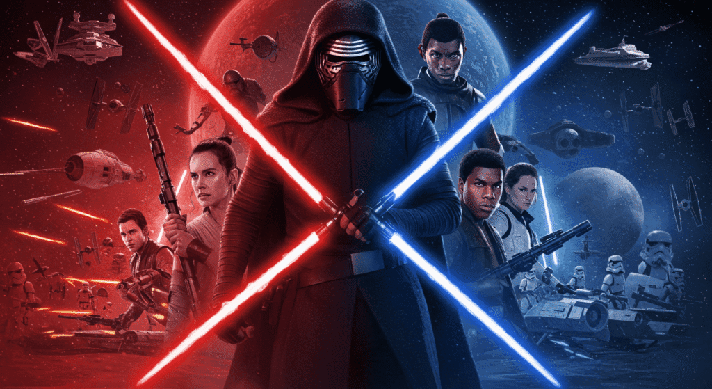 Las películas que rompieron récords de taquilla y conquistaron al mundo 7 Póster de Star Wars: El Despertar de la Fuerza. Personajes principales con espadas láser. Saga galáctica de ciencia ficción.