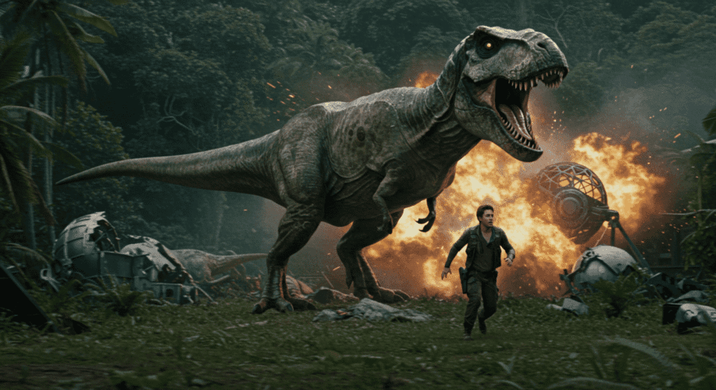 Las películas que rompieron récords de taquilla y conquistaron al mundo 6 T-Rex en Jurassic World. Escena de acción con dinosaurio y explosiones. Película de aventura y ciencia ficción.