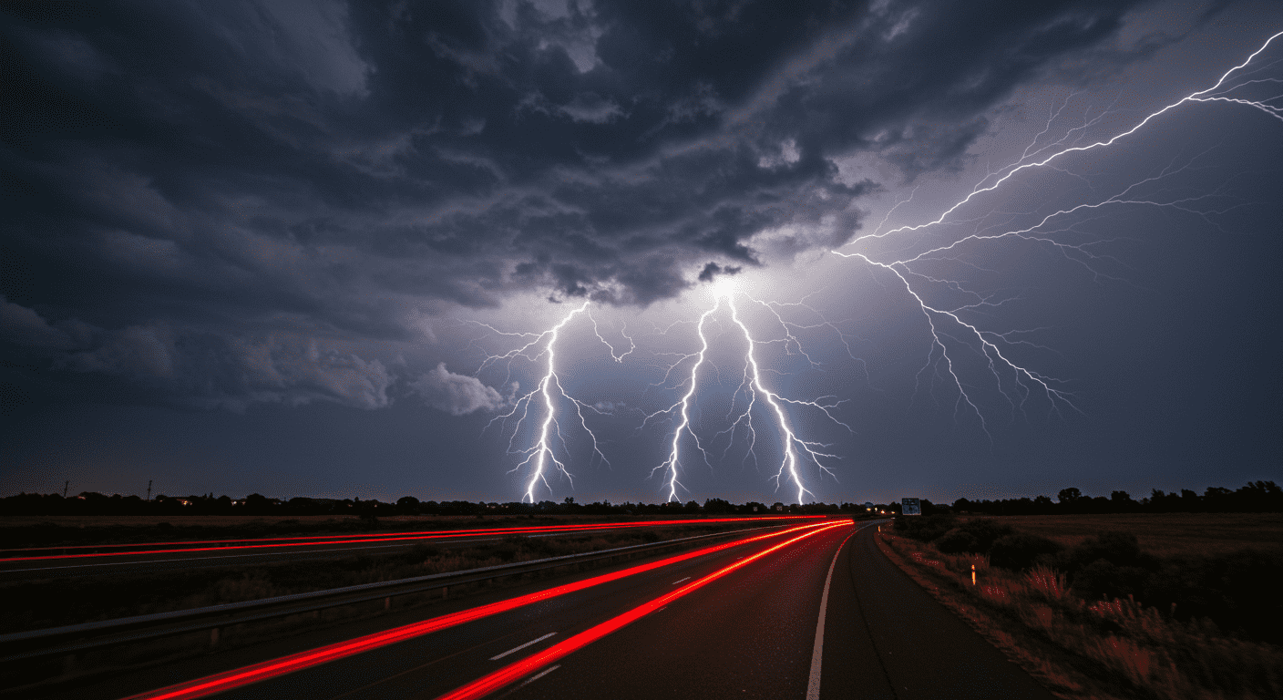Tormenta eléctrica sobre carretera. Imagen dramática de relámpagos iluminando un cielo oscuro sobre una carretera rural. Ideal para contenido de naturaleza, meteorología y fenómenos climáticos.
