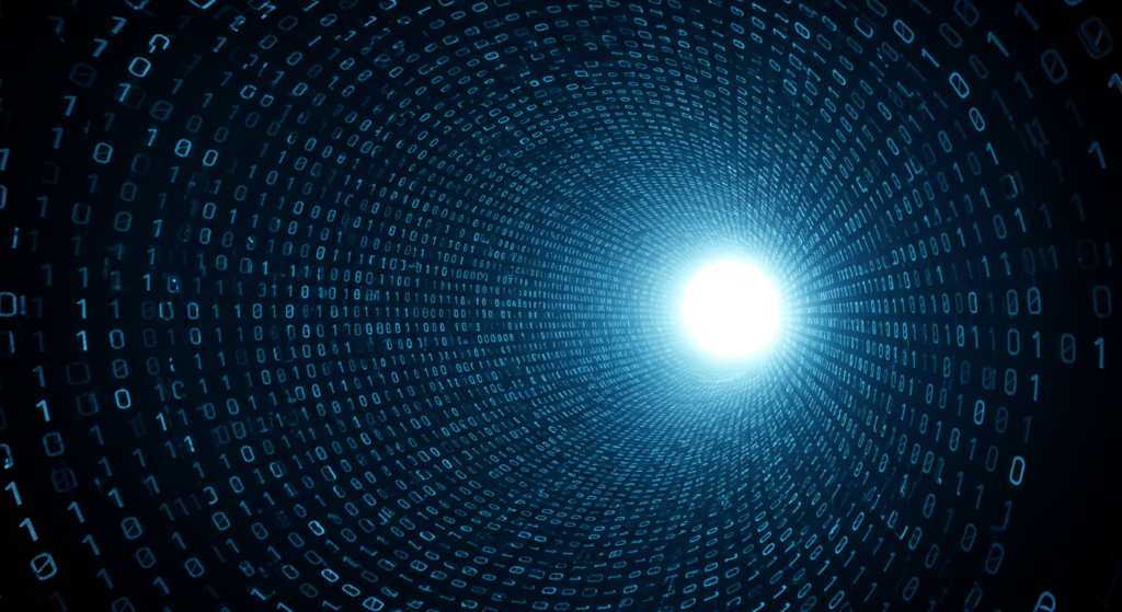 Computación Cuántica en Palabras Simples: Cómo Funciona y por Qué Importa 1 Imagen estilizada de un túnel de código binario con números 0 y 1. El túnel se aleja en la distancia con una luz brillante al final, con colores azules. Accesibilidad: representación visual del flujo de datos binarios en un entorno digital