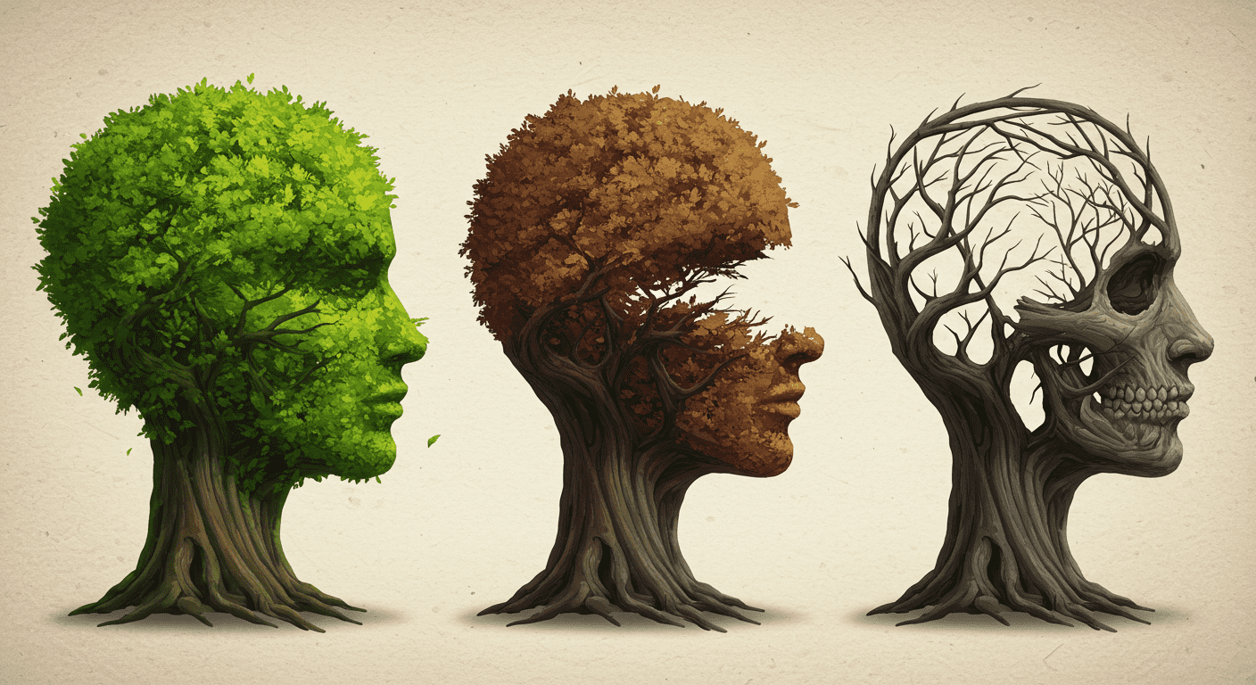 Ilustración de tres árboles en forma de cabeza humana representando la progresión de la demencia o el envejecimiento cerebral. Metáfora visual sobre la salud mental y la pérdida de la memoria.