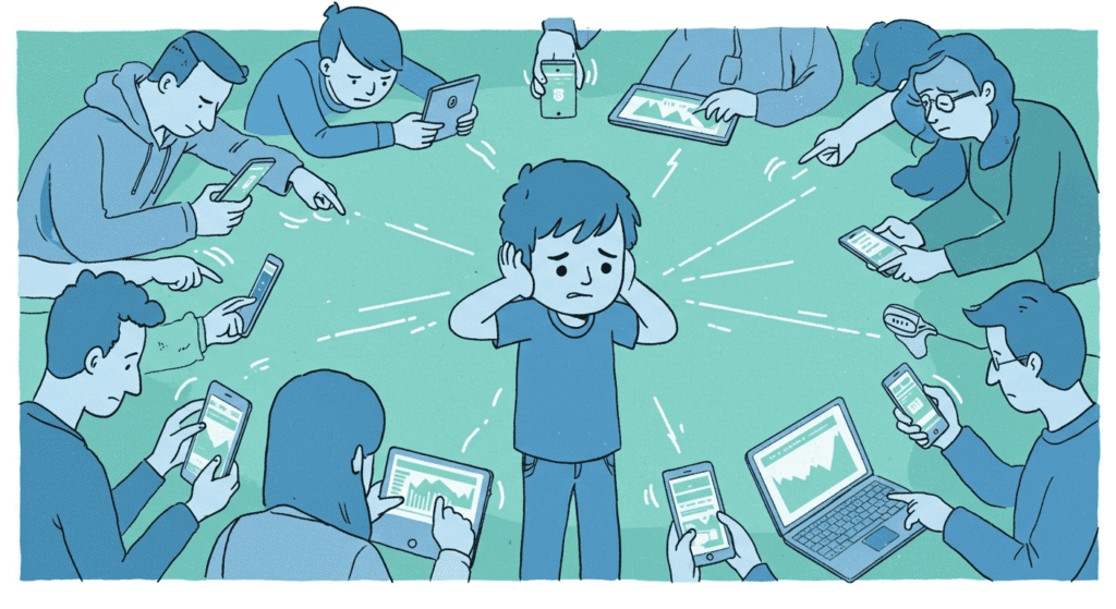¿Por Qué Miras y No Ayudas? El Impacto del Efecto Espectador 6 Ilustración sobre el ciberacoso. Un niño angustiado está rodeado de personas que usan dispositivos electrónicos. Representación visual de la soledad y el acoso en la era digital.