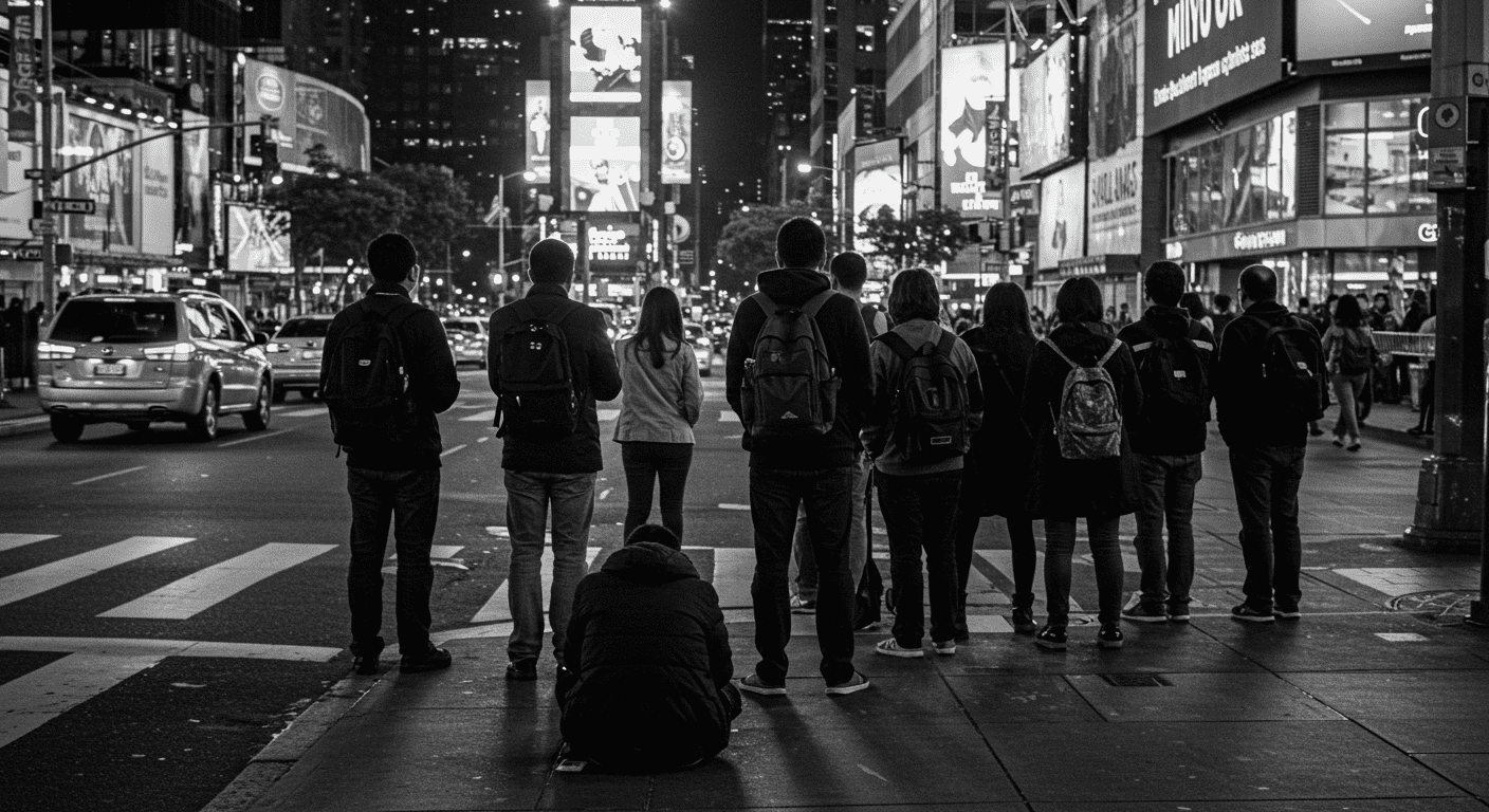 Imagen en blanco y negro de personas esperando para cruzar la calle en la ciudad, con una persona sin hogar descansando en la acera. Fotografía urbana que resalta el contraste social y la vida nocturna de la ciudad.