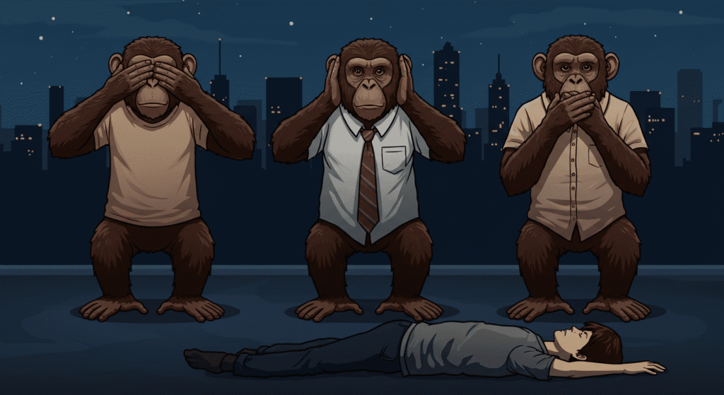 ¿Por Qué Miras y No Ayudas? El Impacto del Efecto Espectador 7 Ilustración que representa el concepto de "no ver, no oír, no hablar" con tres monos antropomórficos. Imagen conceptual sobre la indiferencia ante la injusticia en un entorno urbano.