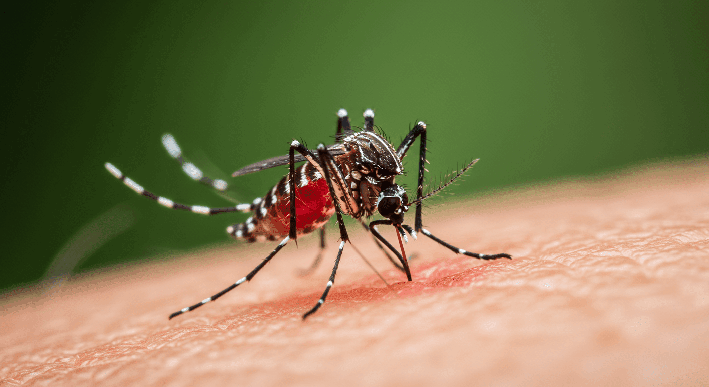 Imagen de primer plano de mosquito picando piel humana. Detalle de mosquito tigre alimentándose, con abdomen lleno de sangre. Fotografía macro de picadura de mosquito, prevención enfermedades transmitidas por mosquitos.