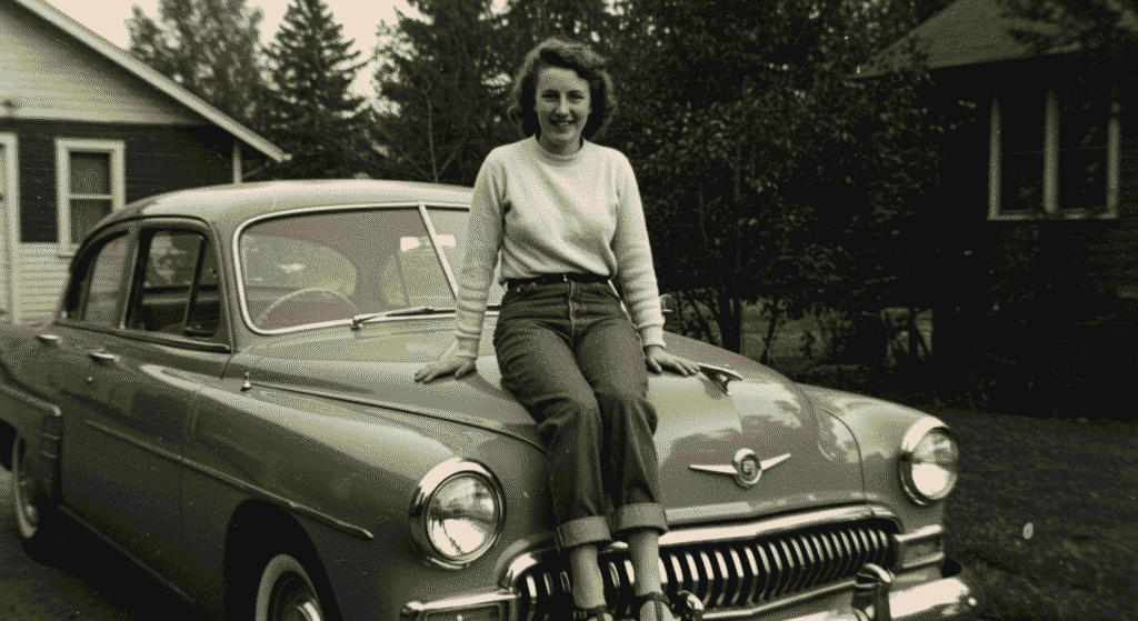 ¿Por Qué Miras y No Ayudas? El Impacto del Efecto Espectador 2 Fotografía antigua en blanco y negro de una joven posando sobre el capó de un coche clásico. Imagen vintage que evoca la juventud y el estilo de vida de la época.
