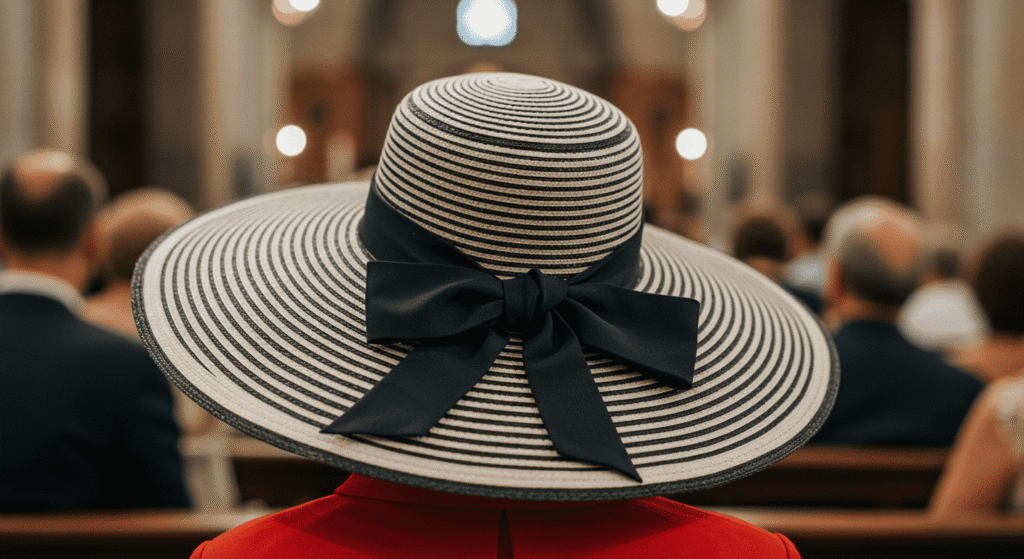 ¿Por Qué Miras y No Ayudas? El Impacto del Efecto Espectador 3 Imagen de una persona con un elegante sombrero a rayas blancas y negras en una iglesia. Fotografía de moda y estilo en un evento religioso.
