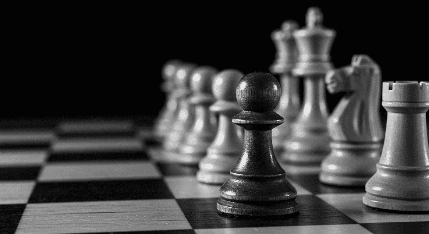 "Primer plano de piezas de ajedrez en blanco y negro. Peón negro enfocado en primer plano, seguido de peones y figuras blancas desenfocadas. Imagen para estrategia, táctica y juego de ajedrez."