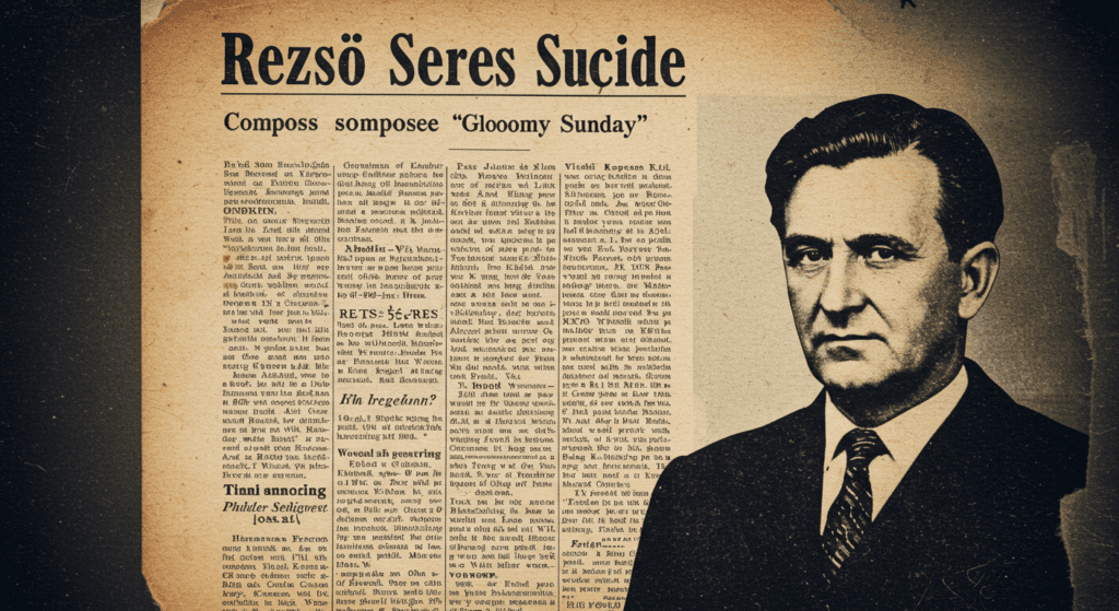 La leyenda de "Gloomy Sunday": el misterio de la canción maldita 3 "Artículo de periódico antiguo sobre el suicidio de Rezsö Seres, compositor de 'Gloomy Sunday'. Historia de la música y controversia sobre canción maldita."