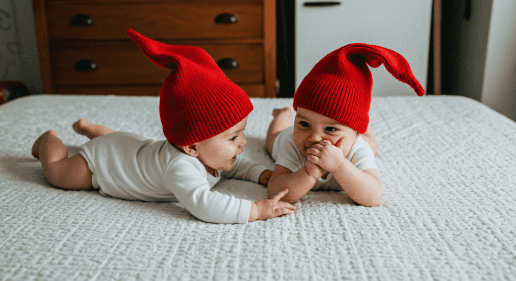 ¿Qué diferencia hay entre gemelos y mellizos? Explicación sencilla 5 Dos bebés con gorros rojos jugando: Imagen tierna de infancia y travesuras.