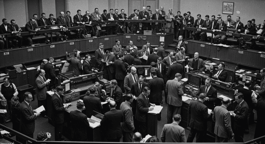 La leyenda de "Gloomy Sunday": el misterio de la canción maldita 6 "Foto antigua de la Bolsa de Valores con mucha gente negociando. Imagen vintage del mercado bursátil y finanzas."