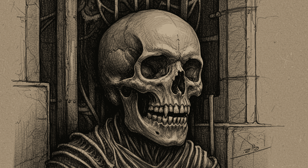 La leyenda de "Gloomy Sunday": el misterio de la canción maldita 2 "Dibujo sombrío de calavera sobre fondo oscuro con textura de sombreado. Obra de arte gótico, horror y temática de muerte."