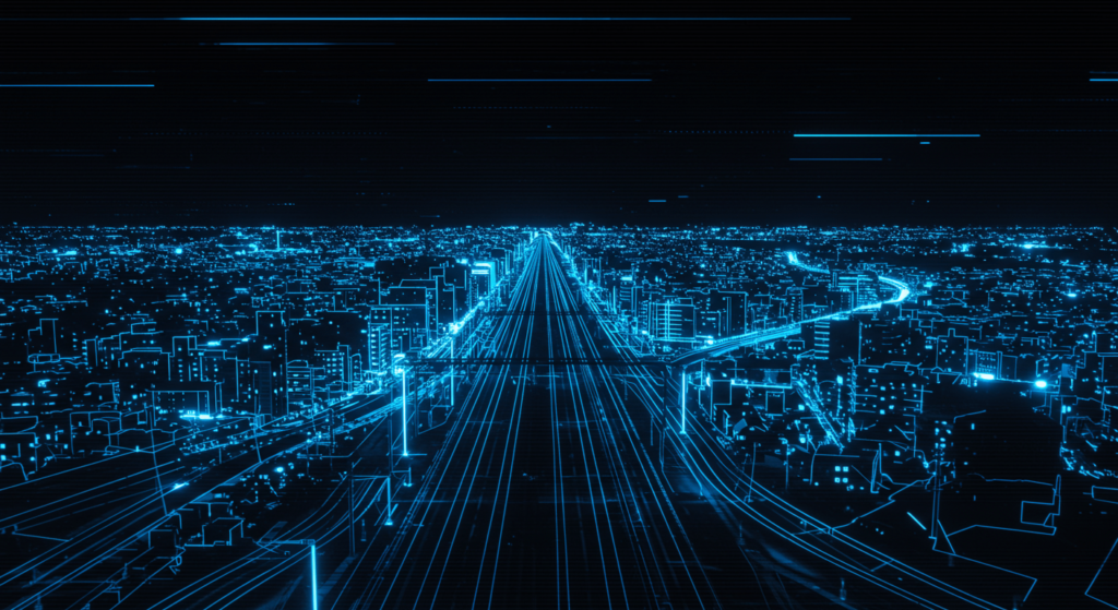 Evolución de los Lenguajes de Programación: Del Código Máquina a la IA 5 Ciudad nocturna abstracta con luces de neón azules. Paisaje urbano estilizado con contornos brillantes. Representación digital de infraestructura urbana con efecto futurista. Vista de ciudad iluminada en azul