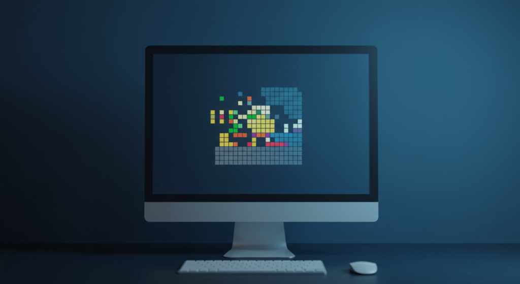 La Ciencia Detrás de las Imágenes: Pixeles, Luces y Materia 1 Ilustración de una computadora con zoom pixelado en el teclado. Gráficos de ordenador y tecnologia.