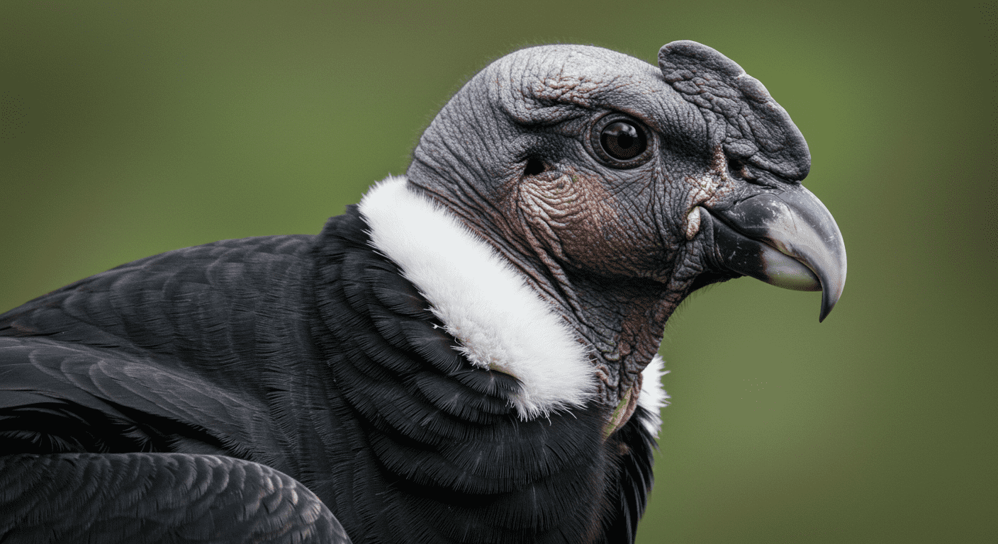 Cóndor andino en primer plano. Ave con plumaje negro brillante, cuello blanco y cabeza con piel arrugada grisácea. Fotografía de naturaleza enfocada en detalles del cóndor.