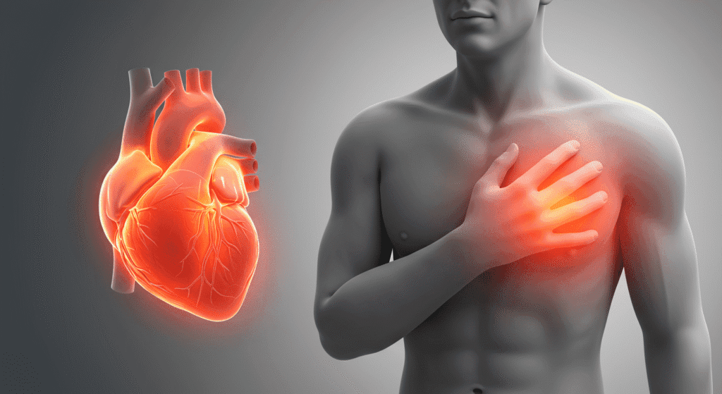 Corazón enfermedad dolor pecho infarto salud. Ilustración de un corazón brillante y un hombre con dolor en el pecho, representando un infarto o enfermedad cardíaca. Ideal para artículos sobre salud cardiovascular.