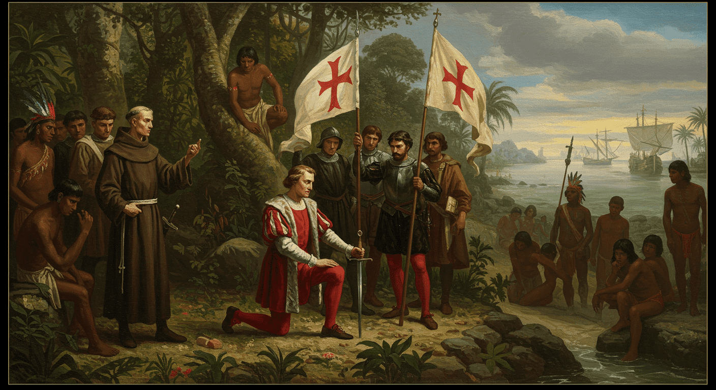 "Pintura del desembarco de Cristóbal Colón en América. Obra de arte que representa la llegada de Colón al Nuevo Mundo con su tripulación y nativos observando. Ideal para contenido sobre historia, exploración y el Descubrimiento de América."