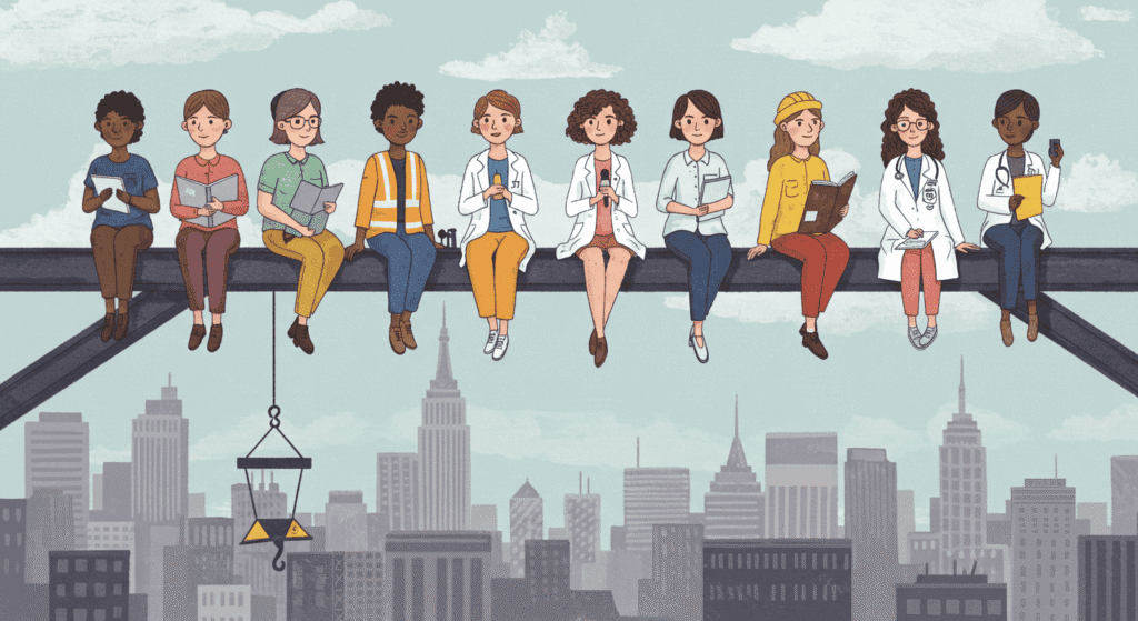 Cómo surgió el Día Internacional de las Mujeres: historia y significado 7 "Ilustración del Día Internacional de la Mujer. Mujeres diversas representando diferentes profesiones y celebrando juntas. Empoderamiento femenino, igualdad de género y reconocimiento laboral."