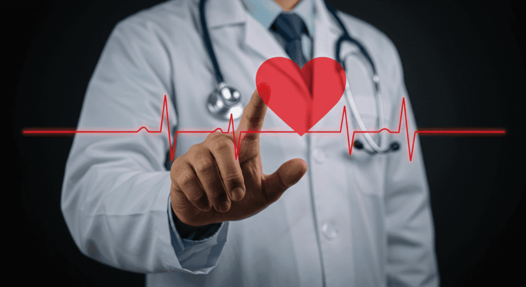 Doctor corazón EKG cardiología salud medicina. Imagen de un doctor con electrocardiograma y corazón, representando cardiología y salud cardiovascular. Ideal para contenido sobre salud y medicina.