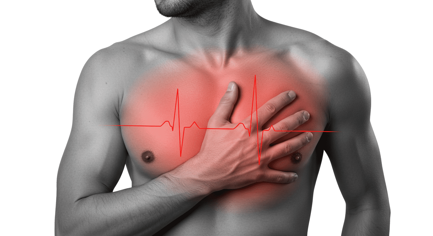 Dolor pecho EKG infarto ataque cardíaco salud. Imagen de dolor en el pecho con línea de electrocardiograma (EKG), representando infarto o ataque cardíaco. Ilustración de problemas de salud cardiovascular.