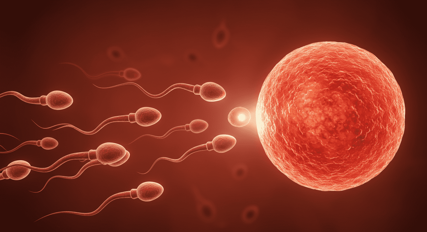 Ilustración de espermatozoides fertilizando un óvulo. Representación gráfica del proceso de fecundación. Medicina reproductiva, biología, fertilidad.