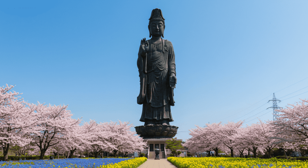 Las estatuas más altas del mundo: monumentos que impresionan 3 Impresionante estatua de Buda gigante en Japón, con cerezos en flor y cielo azul. Escultura religiosa budista en primavera