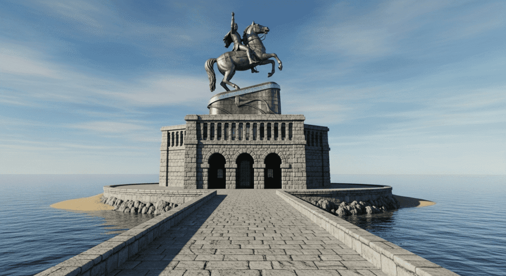 Las estatuas más altas del mundo: monumentos que impresionan 7 Estatua ecuestre sobre edificio en isla, conectada por calzada. Escultura histórica en entorno acuático.