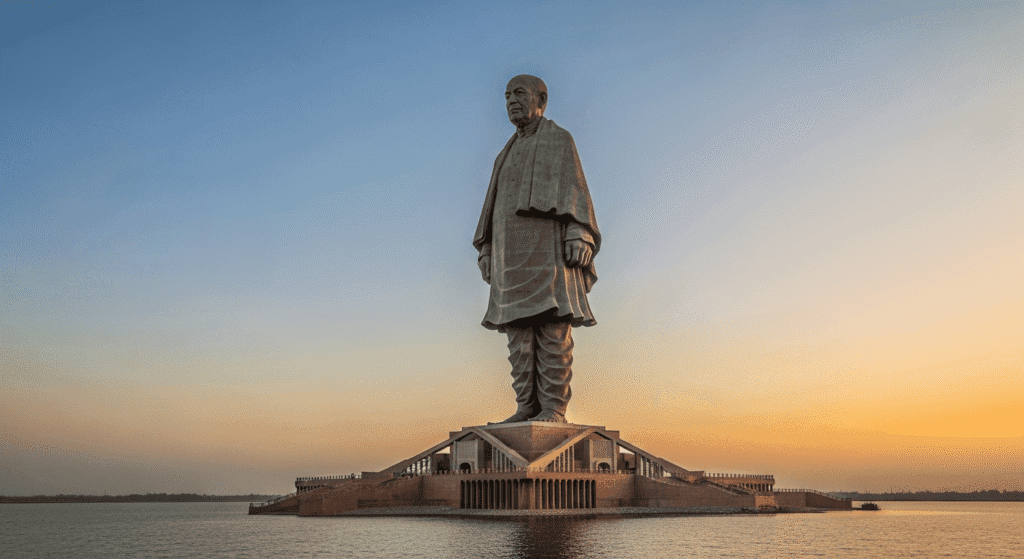 Las estatuas más altas del mundo: monumentos que impresionan 6 Monumento a Sardar Vallabhbhai Patel, la Estatua de la Unidad en India al atardecer. Escultura gigante en un entorno acuático