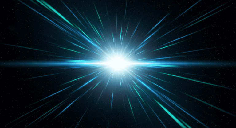 Explosión de luz azul y verde sobre fondo oscuro estelar. Imagen abstracta de energía cósmica. Ideal para fondos de pantalla y temas espaciales
