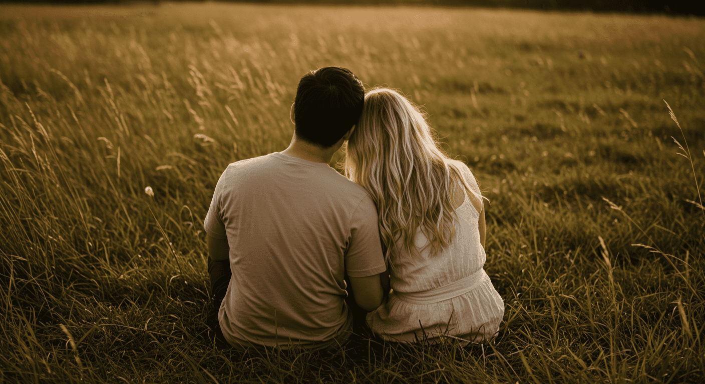 Familia feliz con niña en campo de hierba alta. Foto familiar en la naturaleza con cielo azul. Momentos de amor y unión familiar.