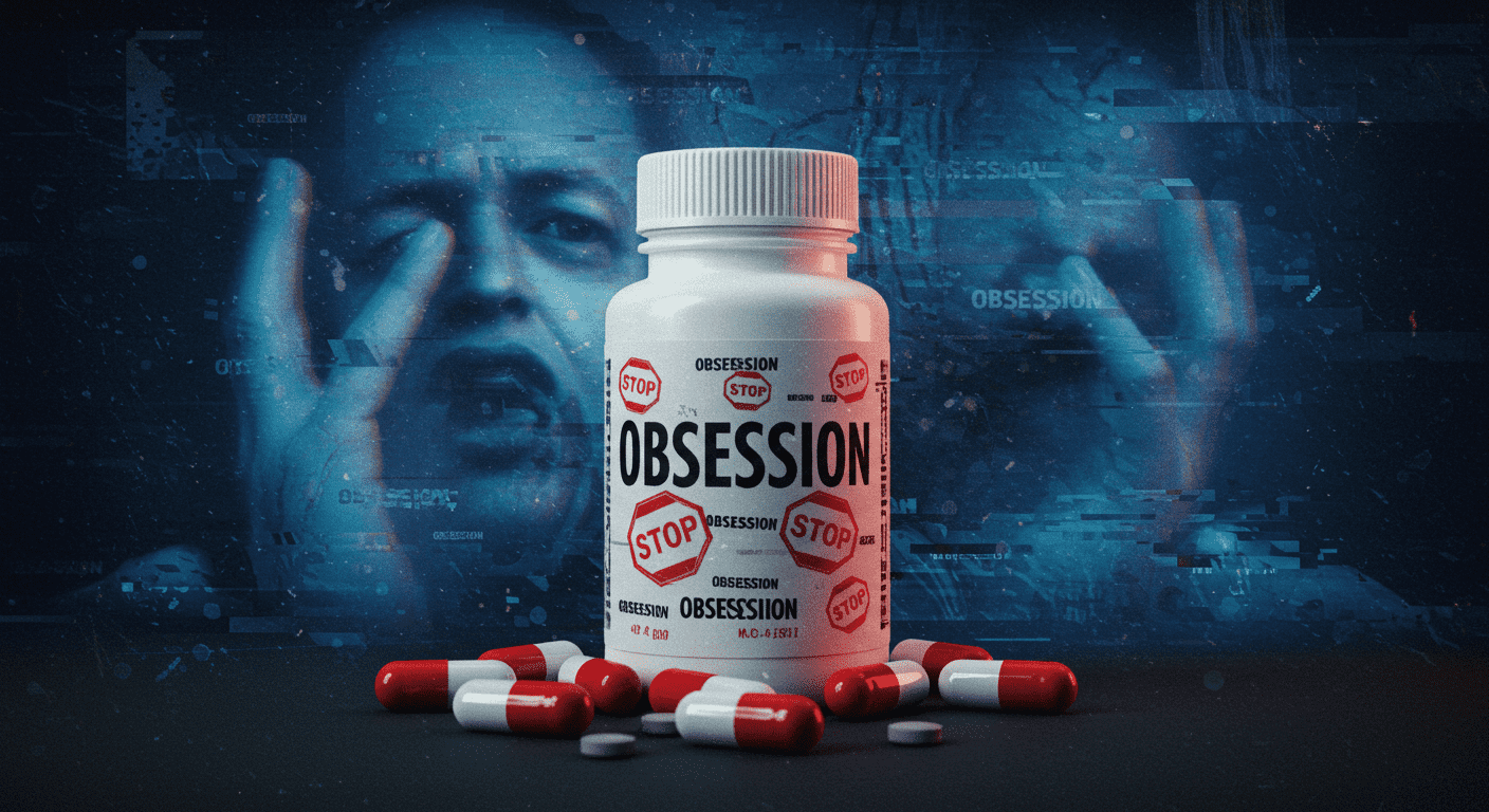Imagen conceptual que representa la obsesión. Un frasco de pastillas con la palabra "OBSESSION" destaca sobre un fondo pixelado y una figura humana angustiada. Cápsulas rojas y blancas esparcidas. Ideal para artículos sobre salud mental, ansiedad y adicción.