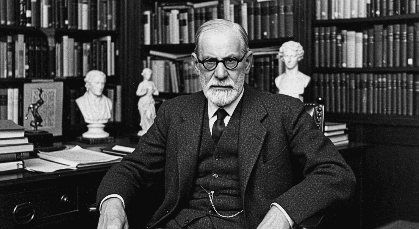 Retrato en blanco y negro de Sigmund Freud en su escritorio con biblioteca. Imagen histórica del padre del psicoanálisis. Accesible para personas con discapacidad visual.