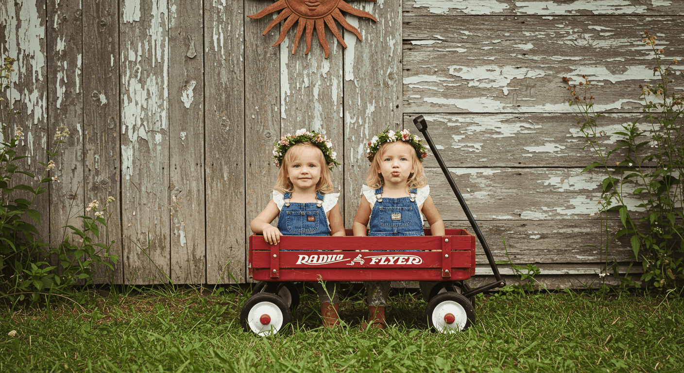 Dos niñas en un carro rojo Radio Flyer: Imagen infantil de gemelas con coronas de flores y petos vaqueros. Estilo rústico y vintage.